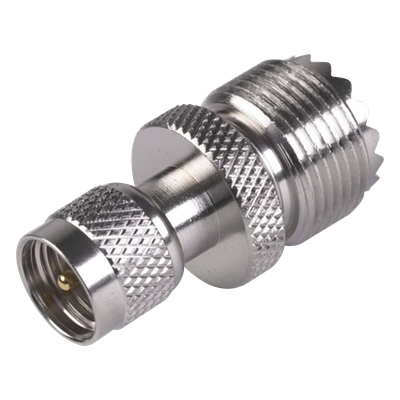 Adaptador en Línea de Conector Mini UHF Macho a UHF Hembra (SO-239), Níquel/ Oro/ Teflón.