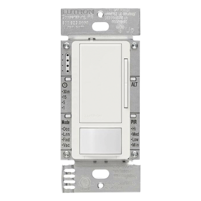 Atenuador 0-10 V con sensor de presencia Maestro para balastros electrónicos y drivers LED, 120-277 V, 8 A, tecnología XCT, unipolar o 3 vías, color blanco