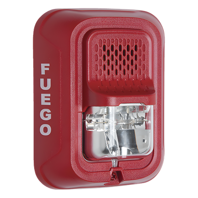 Sirena con lámpara estroboscópica de 2 hilos para pared, color rojo, leyenda FUEGO, candela seleccionable en campo
