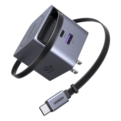 Cargador Rápido / 45W GaN / Cable Retráctil 0.7 m (2.3 ft) / 3 Puertos / Eficiencia 95% / Protección 8 Capas / 100-240V AC