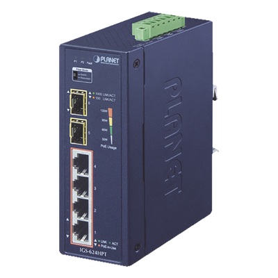 Switch PoE Industrial No Administrable de 4 Puertos PoE 10/100/1000T 802.3at, 2 Puertos SFP 10/1000X