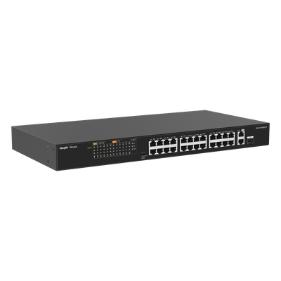 Switch PoE+ no Administrable, hasta 370 Watts Ideal para CCTV, 24 Puertos 10/100 PoE+, 2 Uplinks Gigabit (1 SFP COMBO)