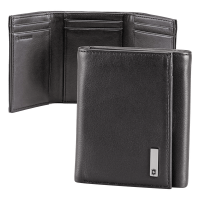 Cartera Athens Negra de Piel con Compartimento de Micromalla para ID. Doblable en 3 Partes con Divisor de Billetes. Pocket Wallet