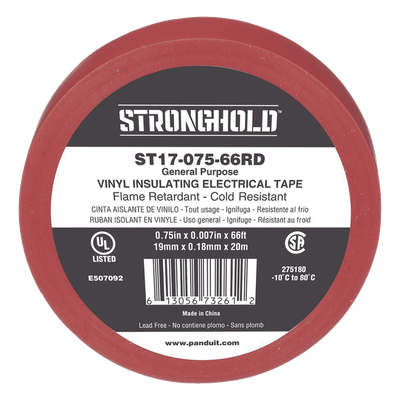 Cinta Eléctrica STRONGHOLD para Aislar, de PVC, Uso General Reparación y Mantenimiento, Grosor de 0.18mm (7 mil), Ancho de 19mm, y 20.12m de Largo, Color Rojo