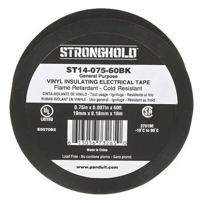 Cinta Eléctrica STRONGHOLD para Aislar, de PVC, Uso General Reparación y Mantenimiento, Grosor de 0.18mm (7 mil), Ancho de 19mm, y 18m de Largo, Color Negro