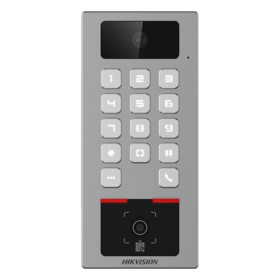 Teclado con Lector Físico de QRs para Exterior Antivandálico IP65 & IK09 con función de Videoportero Multiapartamento / Tarjeta, Código QR, PIN o App HikConnect / Cámara 2 MP compatible con NVRs /