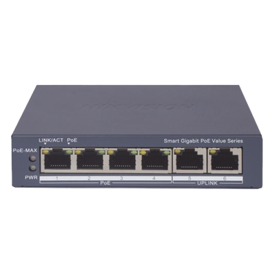 Switch Gigabit PoE+ / Administrable / 4 Puertos 1000 Mbps PoE+ / 2 Puertos 1000 Mbps Uplink / Configuración Nube Hik-PartnerPro / Modo Extendido hasta 300 Metros / 45 Watts