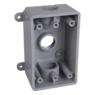 Caja Impermeable de 1 Gang / Profundidad de 2 Pulgadas (5.08 cm) / Cuenta con 3 Salidas Roscadas para Tubería de 1/2 Ó 3/4 / Color Gris