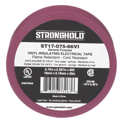 Cinta Eléctrica STRONGHOLD para Aislar, de PVC, Uso General Reparación y Mantenimiento, Grosor de 0.18mm (7 mil), Ancho de 19mm, y 20.12m de Largo, Color Violeta