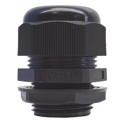 Conector Glándula Plástico / Rosca NPT 1\" (25.4 mm) / Rango de Cable 16-22 mm / Color Negro / 7 Dimensiones Precisas