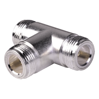 Adaptador en T, Triple Conectores N Hembra, Plata/ Oro/ Teflón.