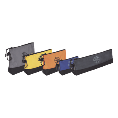 KIT 5 Bolsos Ultra Resistentes para Herramientas con Base y cierre Zipper, Colores: gris claro, amarillo, naranja, azul, gris oscuro. Todos con Mosquetones de Aluminio.