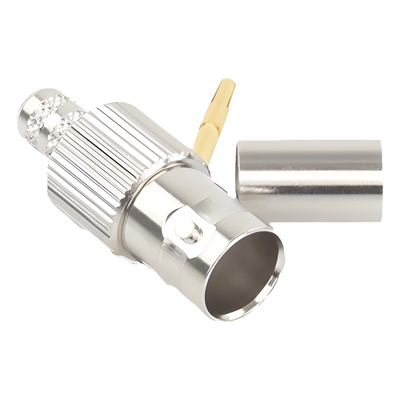 Conector BNC Hembra, 75 Ohm, Anillo Plegable, para RG-59/U, Níquel/ Oro/ Delrin.