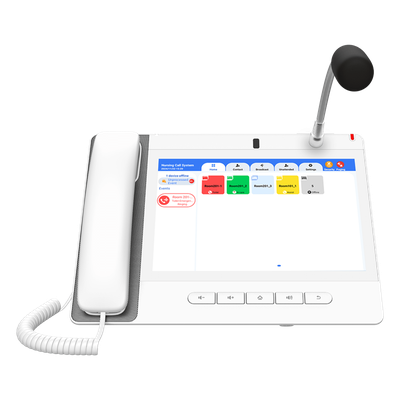 Teléfono IP Color Blanco Android 9.0 Empresarial para voceo 20 líneas SIP, pantalla táctil, Wi-Fi y Bluetooth, PoE, Voceo/ Musica por Multicast, puertos Gigabit, Sofware de Enfermeria