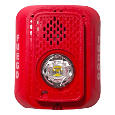 Sirena con lámpara estroboscópica LED de 2 hilos para pared, candela seleccionable, marcaje en español FUEGO, compatible con SpectrAlert