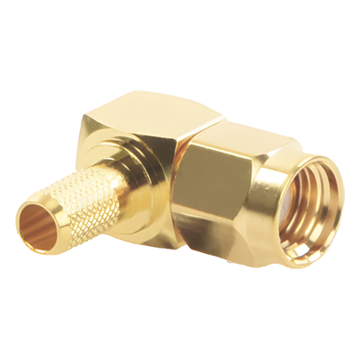 Conector SMA Macho Inverso en Ángulo Recto de Anillo Plegable para Cables RG-58/U, RG-142/U, Oro/ Oro/ Teflón.