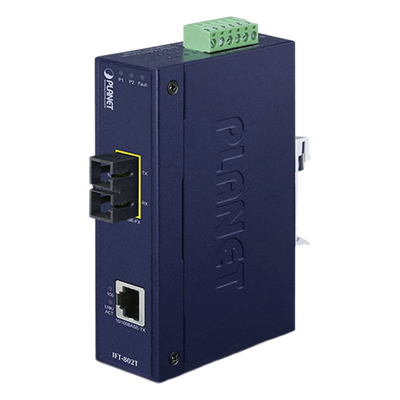 Convertidor de Medios Industrial, Multimodo, Puertos 10/100 Base-TX a 100 Base-FX, Interfaz SC, Hasta 2 km, Carcasa IP30, Soporta Temperatura de -40 a 75°C.