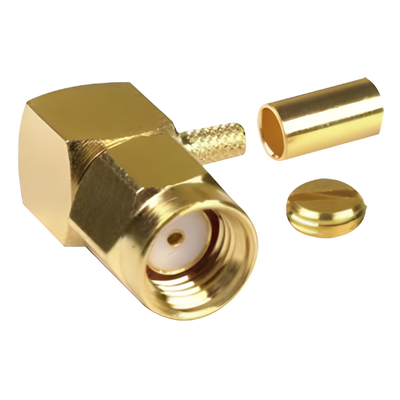 Conector SMA Macho Inverso en Ángulo Recto, Anillo Plegable/ RG-174/U, BELDEN 8216, Oro/ Oro/ Teflón.