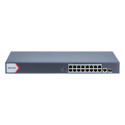 Switch Gigabit PoE+ / Administrable / 16 Puertos 1000 Mbps PoE+ / 1 Puerto 1000 Mbps de Uplink / 1 Puerto SFP / Configuración Nube desde Hik-Partner Pro / Modo Extendido hasta 300 Metros / 230 Wat
