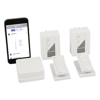 Kit de inicio Caseta Wireless: Smart Bridge, 2 atenuadores de clavija para lámparas, 2 controles Pico y 2 bases de mesa, compatible con Alexa, Apple HomeKit y Google