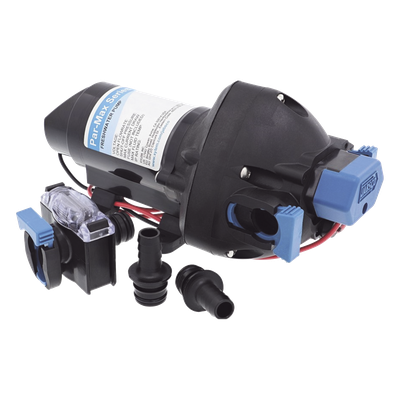 Bomba controlada por presión Par Max a 12 Vcd, caudal de 2 GPM, presión máxima 35 psi, para manguera de entrada con orificio de 38 mm (1½”), manguera de descarga con orificio de 25 mm (1”)