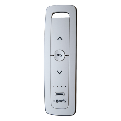 Control remoto 5 canales para motores de persiana Somfy con señal inalámbrica, instrucciones: sube, baja y detener, con posición favorita programada.