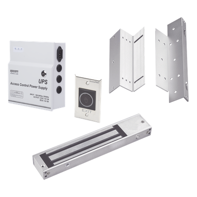 Kit para control de acceso incluye Fuente de 12VCD con respaldo de batería/ Chapa magnética de 600Lbs / Montajes L y Z / Botón de salida
