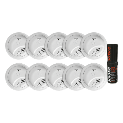 Kit de 10 Detectores de Humo Autónomos FIRST ALERT por Ionización / Alarma 85 dB / Botón Prueba y Silencio / Probador SABRE SDI