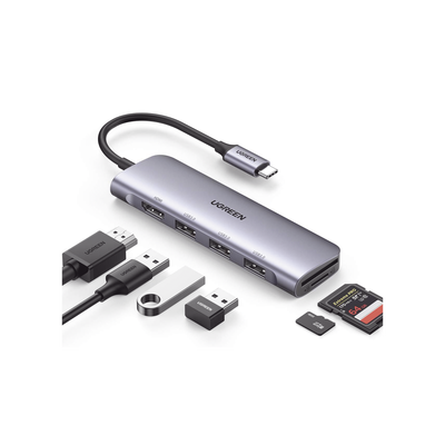 HUB USB-C (Docking Station) 6 en 1 | HDMI 4K@30Hz | 3 Puertos USB 3.0 | Lector Tarjeta SD + Micro SD (TF) Uso Simultáneo | Chip de Última Generación | Potente Disipación de Calor |  Caja de Alumini