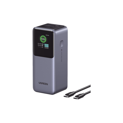 Power Bank de 20000mAh | 3 Salidas 130W Max. | USB-A + 2 USB-C | PD 3.0 | QC3.0 | FCP | SCP | Pantalla Inteligente | Carcasa Ignifuga | Color Gris | Incluye Cable USB de 50cm | Carga tu Laptop de M