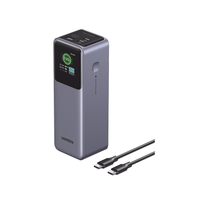 Power Bank de 25000mAh | 3 Salidas 200W Max. | USB-A + 2 USB-C | PD 3.0, QC3.0 | FCP | SCP | Pantalla Inteligente | Carcasa Ignifuga | Color Gris | Incluye Cable USB de 50cm | Carga tu Laptop de Ma