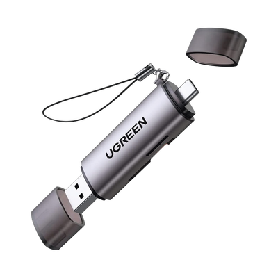 Lector de Tarjetas USB-C + USB-A a MicroSD (TF)/SD | OTG | USB-C 3.1 | 5Gbps | Soporta hasta 2TB | Soporta Windows/Mac OS/Linux/Android | Lectura de Tarjetas Simultánea | Caja de Aluminio | Llavero