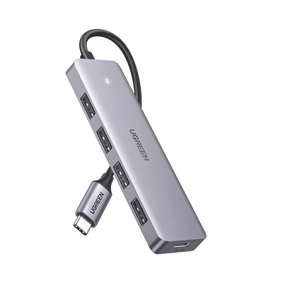 HUB USB-C 3.0 4 EN 1 | 4 Puertos USB-A (5Gbps) | Carcasa ABS + PC | Soporta OTG | Luz Indicadora LED | Compatible con iPhone 15 Pro MAX) | Interfaz Niquelada | Color Gris Metalizado | Cable de 15cm
