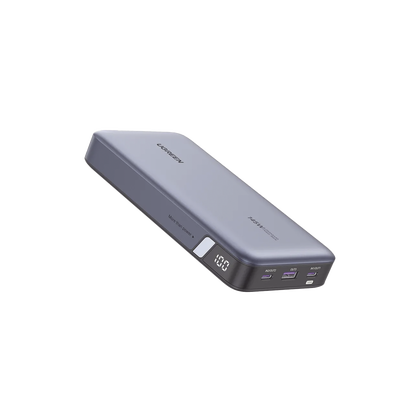 Power Bank de 25000mAh | 3 Salidas 145W Max. | USB-A + 2 USB-C | PD 3.0, QC3.0 | FCP | SCP | Pantalla Inteligente | Carcasa Ignifuga | Color Gris | Incluye Cable USB de 50cm | Carga tu Laptop de Ma