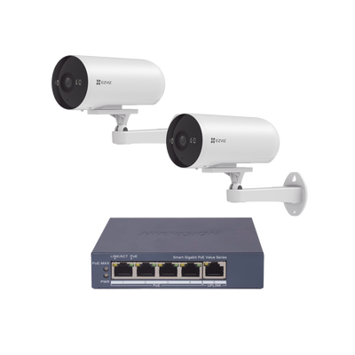 Kit de cámaras PoE Para Uso en Exterior / PoE Estandar Af / 2 piezas CS-H5/3MP/ 1 Pieza de Switch DS-3E1505P-EI/M / Vision Nocturna a Color / IP67 / Audio Bidireccional / Luz y Sirena / 4 Puertos 1