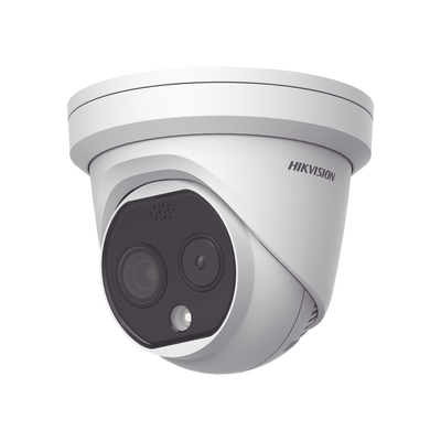 Turret IP Dual / Térmica 1.8 mm (160 x 120) / Óptico 2 mm (4 Megapixel) / Detección de Personas 53 mts / 15 mts IR / Exterior IP67 / PoE / Termométrica / Detección de Temperatura / Sirena y Luz / M