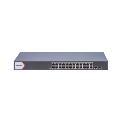 Switch Gigabit PoE+ / Monitoreable / 24 Puertos 1000 Mbps PoE+ /  1 Puerto 100 uplink / 1 Puerto 1000 Mbps Uplink / 1 Puertos SFP Uplink / Configuración Nube desde Hik-PartnerPro / Modo Extendido h