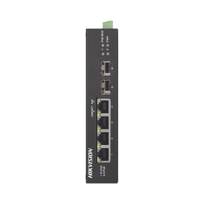 Switch Industrial No Administrable Gigabit / 3 Puertos Gigabit PoE+ (30 W) + 1 Puerto Gigabit PoE++ (60 W) / 2 Puertos SFP / 65 W Total / 48 a 57 VCD / Ideal para Proyectos / 300 Metros de Distanci