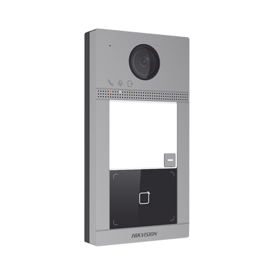 Videoportero IP 2 Megapixel / Llamada y Apertura Remota desde App Hik-Connect / PoE / Exterior IP65 + Antivandalico IK08 / 1 Departamento / Apertura con Tarjeta / Soporta 2 Puertas y hasta 6 Monito