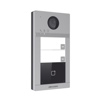 Videoportero IP 2 Megapixel / Llamada y Apertura Remota desde App Hik-Connect (requiere monitor) / PoE / Exterior IP65 + Antivandalico IK08 / 2 Departamentos / Apertura con Tarjeta / Soporta 2 Puer