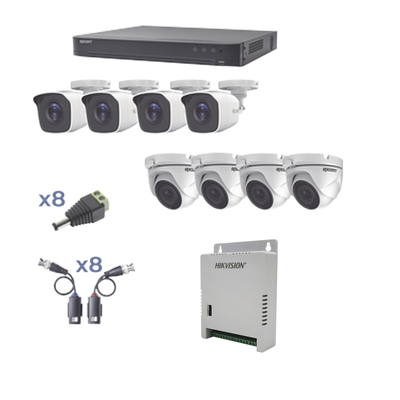 KIT TurboHD 1080p / DVR 8 Canales / 4 Cámaras Bala (exterior 2.8 mm) / 4 Cámaras Eyeball (exterior 2.8 mm) / Transceptores / Conectores / Fuente de Poder Profesional hasta 15 Vcc para Largas Distan
