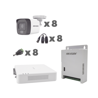 KIT TurboHD 1080p / DVR 8 Canales con audio por coaxitron / 8 Cámaras con Micrófono Integrado 101° Visión/  luz blanca + IR visión nocturna  / Transceptores / Conectores / Fuente de Poder Profesion