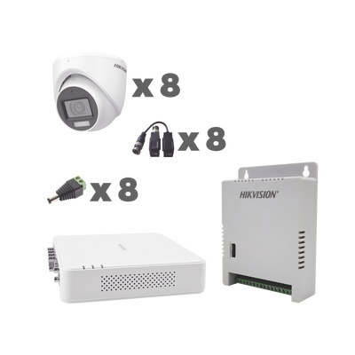 KIT TurboHD 1080p / DVR 8 Canales con audio por coaxitron / 8 Cámaras con Micrófono Integrado 101° Visión/  luz blanca + IR visión nocturna  / Transceptores / Conectores / Fuente de Poder Profesion