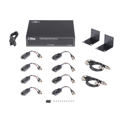 Kit de TRANSCEPTOR ACTIVO DE 8 CANALES / VIDEO+PODER en un solo Cable UTP / 150 metros en 4K, 200 metros en 5 MP/ Envía 36 Vcc y Recibe 12 Vcc / TODO INCLUIDO PARA RACK / Compatible con cámaras HD-