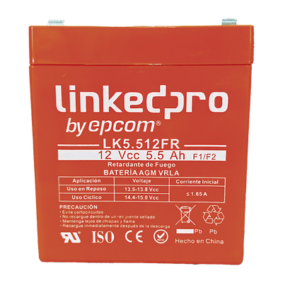 Batería de respaldo 12 V |  5.5 Ah |  AGM  | Certificada UL94-V0 Retardante a la Flama  | Especial para Seguridad Electrónica | UPS | Sistemas de Emergencia | Vida útil 5 años | Terminales F1  + Ad