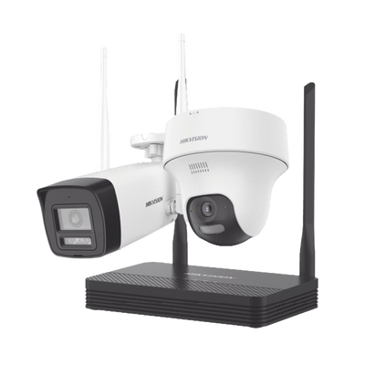 Kit IP Inalámbrico 2 Megapíxel / NVS 4 Canales / 1 Cámara Bala Exterior + 1 Cámara Turret Interior con Lente 2.8 mm y Dual Light / Audio Bidireccional (Micrófono y Bocina) / Soporta Micro SD de 512