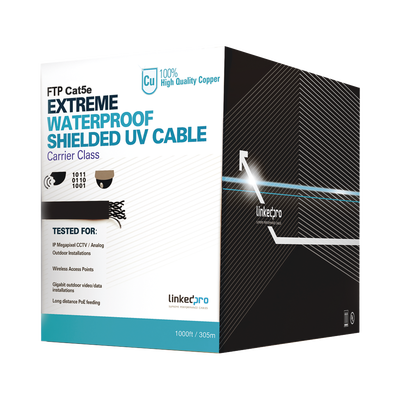 Cable UTP Categoría 5e para Exterior / 24AWG 4 Pares / Conductor Cobre Desnudo / Cubierta LDPE Negra Resistente a Rayos UV / Relleno Anti-Humedad PE Tap Compound / Soporte PoE IEEE 802.3at y Gigabi