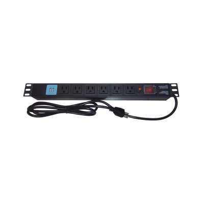 Tomacorriente Horizontal (PDU) de 6 contactos (NEMA 5-15R) + 2 USB para instalación en Rack de 19\", 1UR, 125 Vca/ 15 A (THE0040091001001)