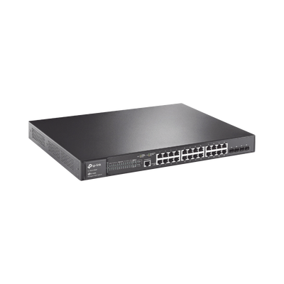 Switch L2+ Omada PoE+ / 24 Puertos PoE+ 10/100/1000 Mbps / 4 Puertos SFP 1G / 2 Puertos Consola (RJ45 y microUSB) / Administración Centralizada Omada o Stand-Alone / Multicast IGMP / Calidad de Ser
