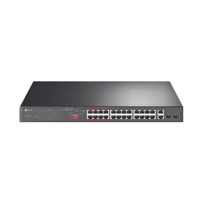 Switch No Administrable 24 Puertos PoE+ 10/100 Mbps / 2 Puertos 10/100/1000 Mbps + 2 Puertos SFP (combo) / Modo Prioridad de Tráfico / Modo Aislamiento de Red / Presupuesto PoE de 250 W / Diseño pa